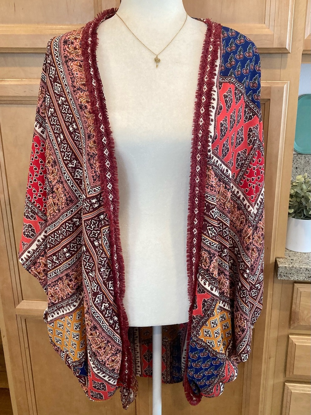 Umgee Burgundy Multi Patchwork Open Front Kimono